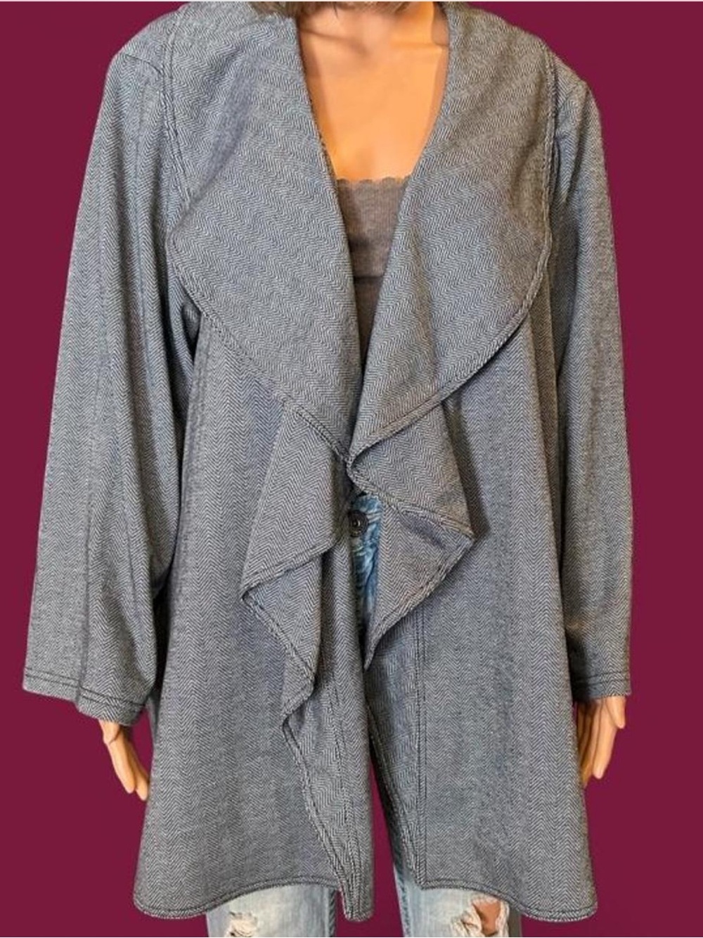 Gray Herringbone Draped Open Front Jacket Cardigan Blazer